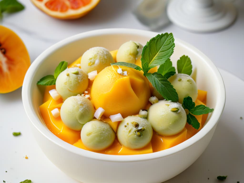  A closeup, ultradetailed image of a scoop of vibrant, creamy vegan mango sorbet, topped with a sprinkle of chopped pistachios and a fresh mint leaf, glistening under soft natural lighting on a sleek, minimalist white ceramic bowl. The sorbet's texture is smooth and inviting, showcasing tiny specks of real mango throughout, with the green of the pistachios and the deep green of the mint leaf providing a striking contrast against the bright, refreshing orange of the sorbet. hyperrealistic, full body, detailed clothing, highly detailed, cinematic lighting, stunningly beautiful, intricate, sharp focus, f/1. 8, 85mm, (centered image composition), (professionally color graded), ((bright soft diffused light)), volumetric fog, trending on instagram, trending on tumblr, HDR 4K, 8K