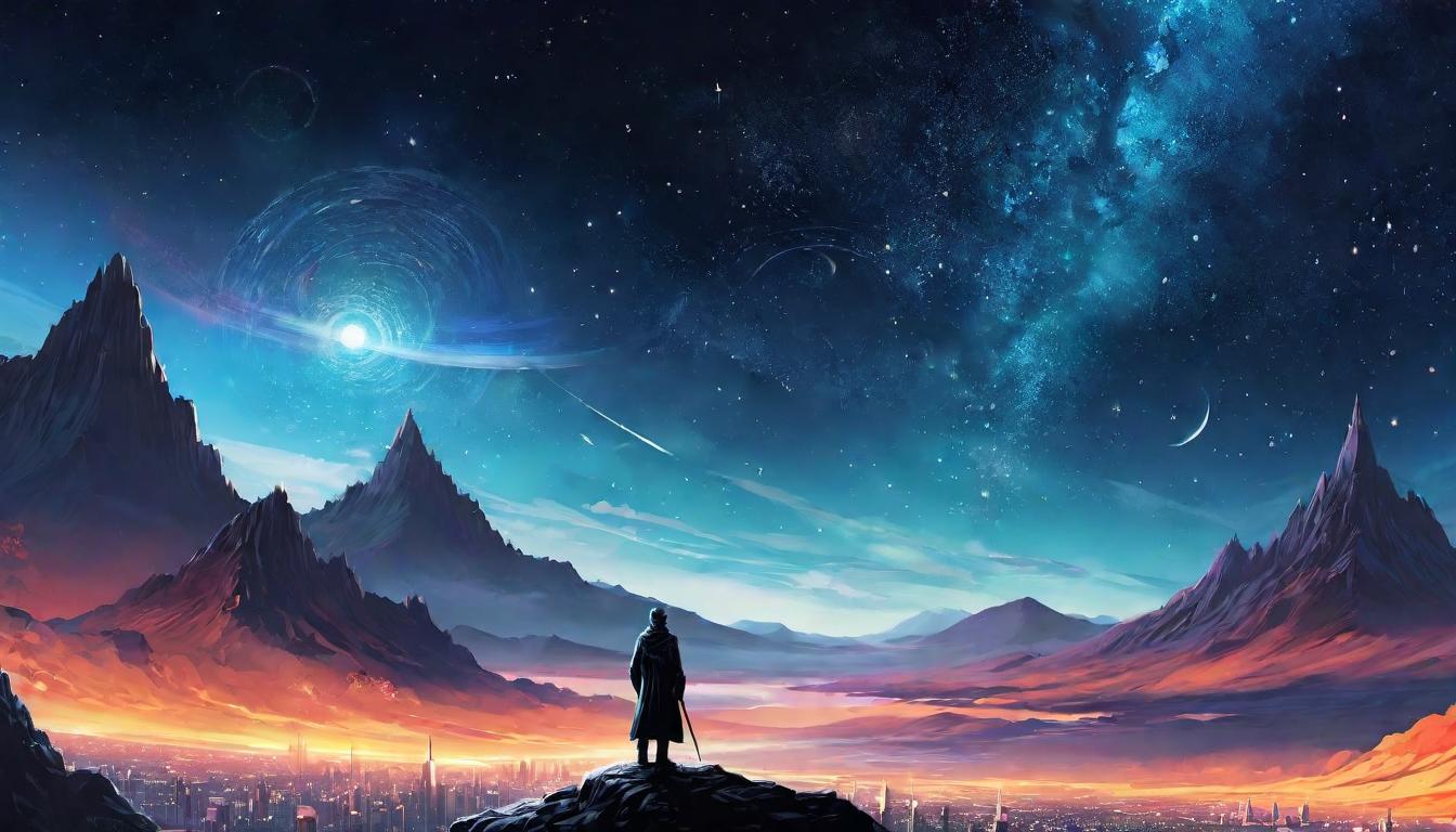  digital illustration, Starseed standing on a hill, looking over a city, cosmic energy surrounding them, sense of purpose and responsibility, looking at viewer, dynamic pose, (intricate details, masterpiece, best quality)