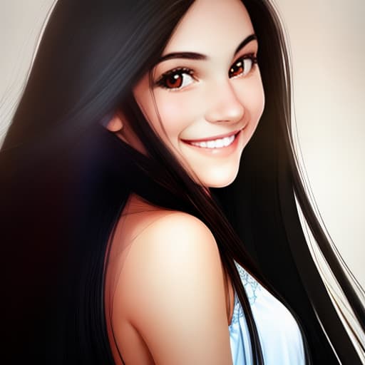  Portrait of a beautiful girl with a smile on her face and long black hair and brown eyes