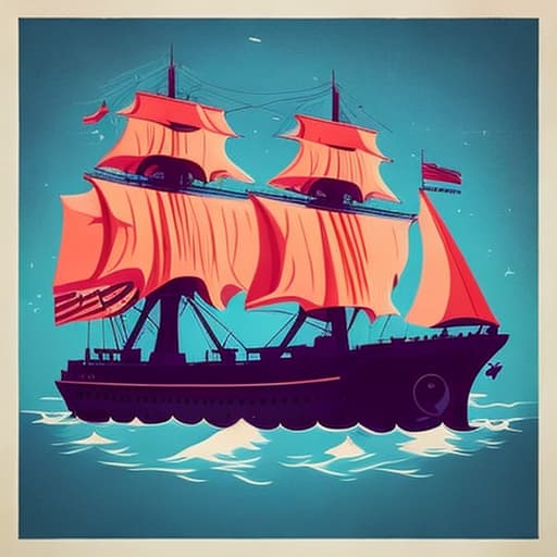  There is a ship on a sea and there is a girl and a boy on board. in PrintDesign style