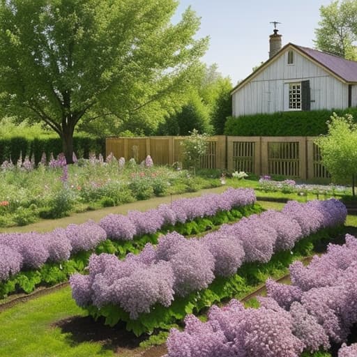  A farmhouse with a lilac growing over it and a cherry orchard and a raised vegetable garden bed