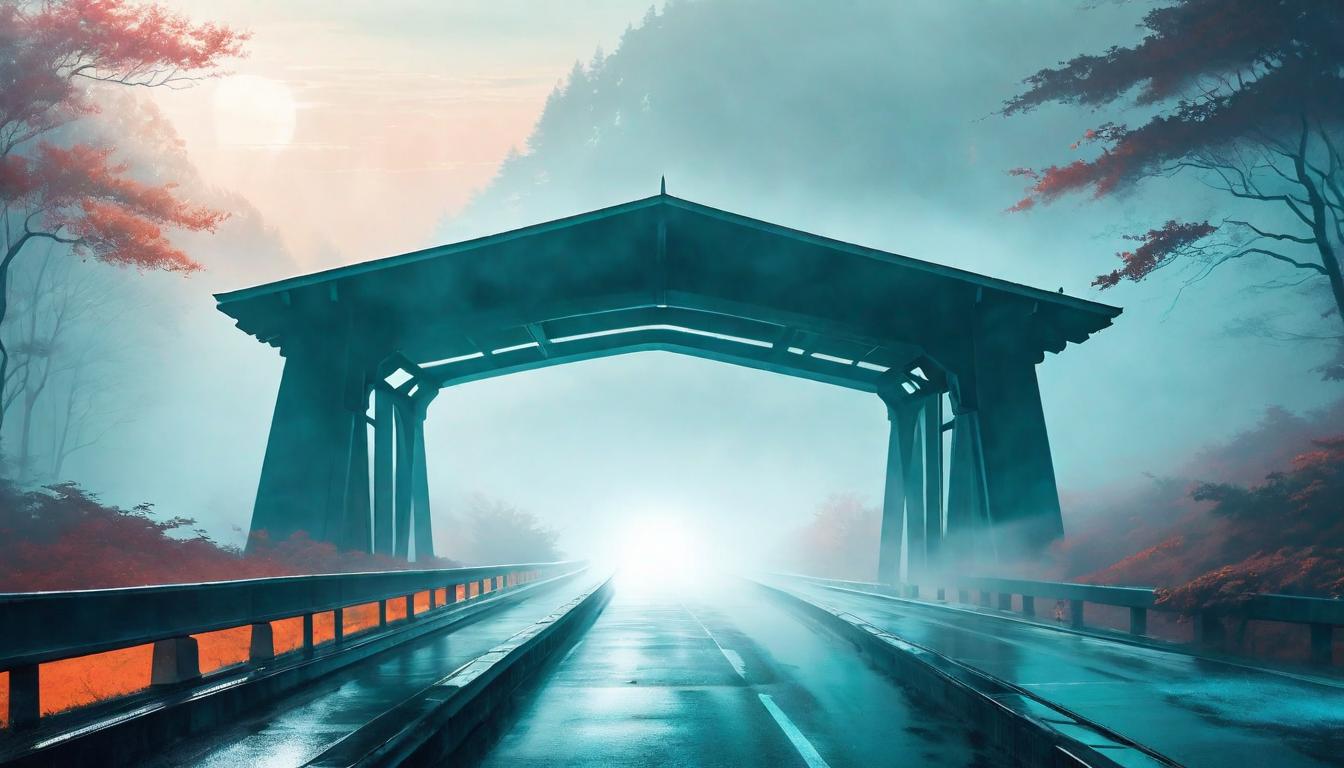  retro futuristic A mist covered bridge, barely visible, symbolizing the journey from skepticism to acceptance. The other side is obscured, representing the current barrier to wider recognition. The scene: a metaphor for transition, the mysterious path to understanding, the fog of doubt. lvintage sci fi, 50s and 60s style, atomic age, vibrant, highly detailed