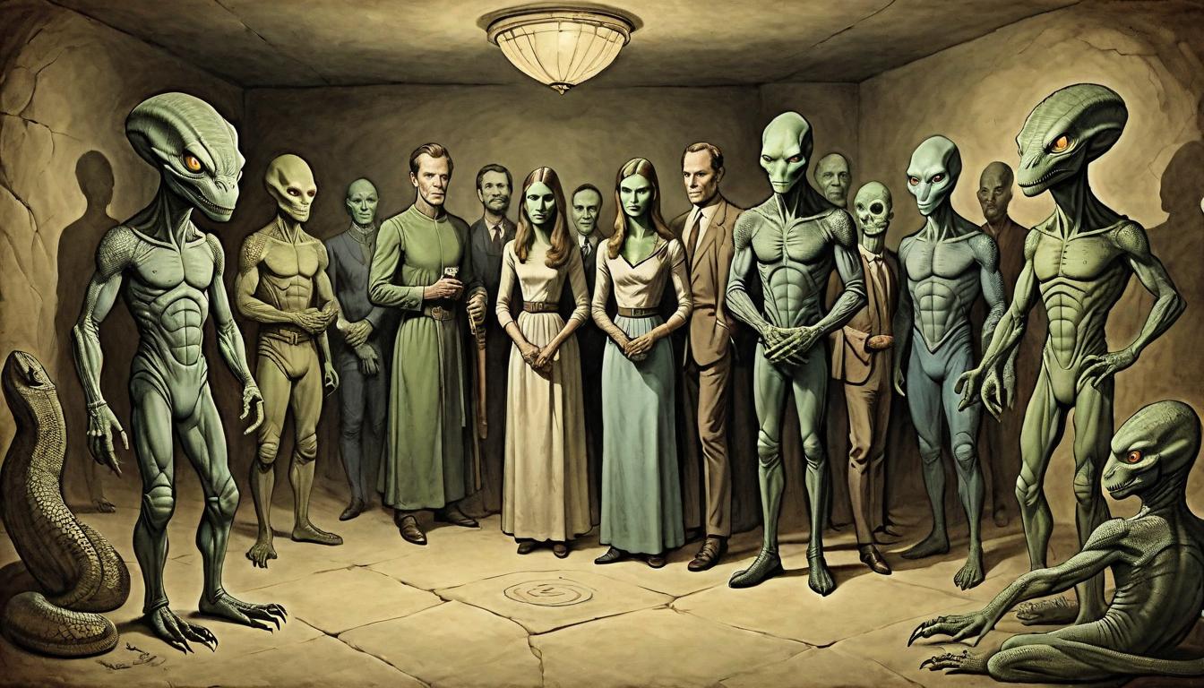  on parchment, surrealism+++, Reptilian figures with humanoid bodies, rough scales, alien eyes, standing amidst a human family in a dimly lit room, uncanny, surreal(mysterious, provocative, symbolic,muted color)+++