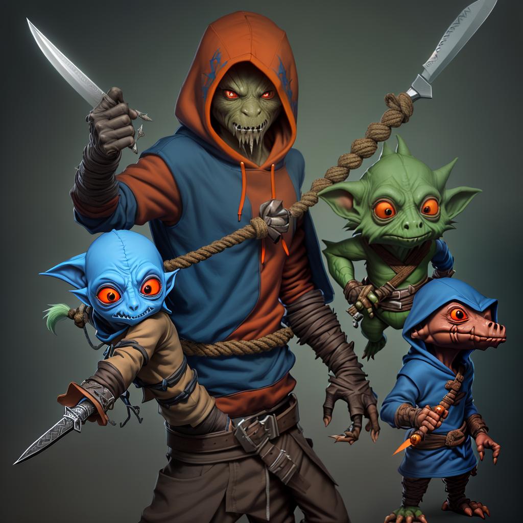  assasin man, holding knife, hide in the hoodie, and have secret weapon on his other handkobolds, hoding drumbbandwooden doll, with rope , red eyes, wear brown hodiethree kobold weaponize with knive in left and right arm orang, green and blue colors