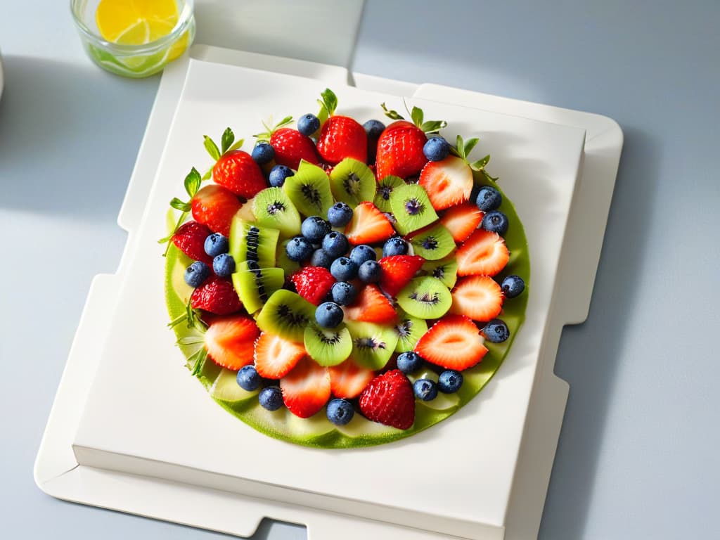  A highresolution, minimalistic image of a beautifully arranged fruit platter featuring vibrant strawberries, blueberries, kiwi slices, and a sprinkle of chia seeds on a sleek white plate, placed on a marble countertop. The fruits are meticulously sliced and artfully arranged in a visually appealing pattern, showcasing the natural colors and textures of the ingredients. The soft natural light coming from a nearby window casts a gentle shadow, adding depth to the composition and highlighting the freshness of the wholesome dessert option. hyperrealistic, full body, detailed clothing, highly detailed, cinematic lighting, stunningly beautiful, intricate, sharp focus, f/1. 8, 85mm, (centered image composition), (professionally color graded), ((bright soft diffused light)), volumetric fog, trending on instagram, trending on tumblr, HDR 4K, 8K