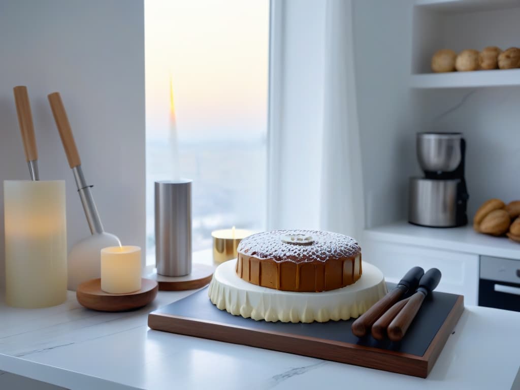  A beautifully styled minimalistic image of a pristine white kitchen countertop, adorned with a sleek array of highend baking tools meticulously arranged next to a stack of glutenfree baking recipe books. The sunlight streaming in through a nearby window casts a soft, warm glow on the pristine marble surface, creating a serene and inviting atmosphere for a successful glutenfree pastry business. hyperrealistic, full body, detailed clothing, highly detailed, cinematic lighting, stunningly beautiful, intricate, sharp focus, f/1. 8, 85mm, (centered image composition), (professionally color graded), ((bright soft diffused light)), volumetric fog, trending on instagram, trending on tumblr, HDR 4K, 8K