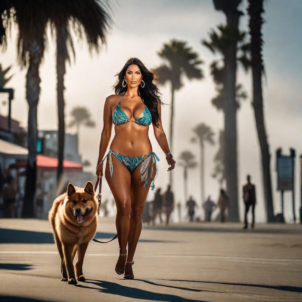  gorgeous latin woman in a bikini walking her sanin inu in venice beach california hyperrealistic, full body, detailed clothing, highly detailed, cinematic lighting, stunningly beautiful, intricate, sharp focus, f/1. 8, 85mm, (centered image composition), (professionally color graded), ((bright soft diffused light)), volumetric fog, trending on instagram, trending on tumblr, HDR 4K, 8K