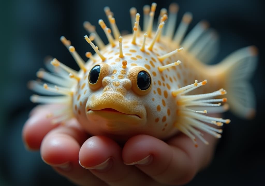  good quality, high quality, close up of a pufferfish in a human hand