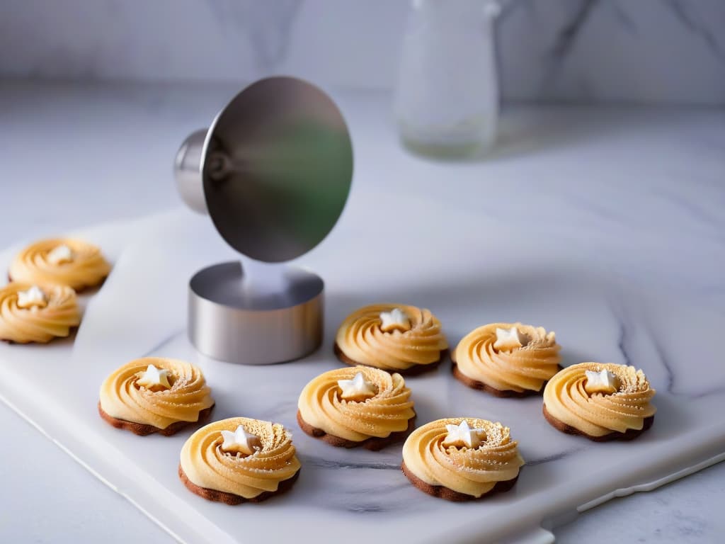  A closeup, ultradetailed image of a sleek, highend cookie cutter set made from polished stainless steel, arranged neatly on a marble countertop. The light catches the intricate designs of the cutters, showcasing their precision and quality. The background is softly blurred to emphasize the elegance and craftsmanship of the tools, appealing to the sophisticated and creative audience of the article. hyperrealistic, full body, detailed clothing, highly detailed, cinematic lighting, stunningly beautiful, intricate, sharp focus, f/1. 8, 85mm, (centered image composition), (professionally color graded), ((bright soft diffused light)), volumetric fog, trending on instagram, trending on tumblr, HDR 4K, 8K