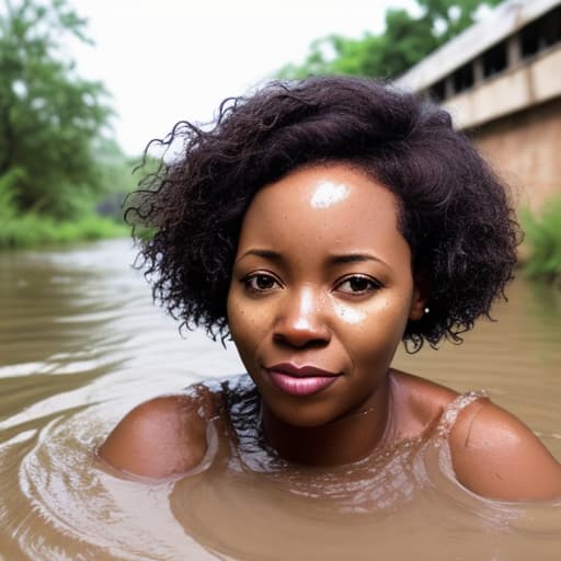  african woman's face with short and curly hair drowning in the river