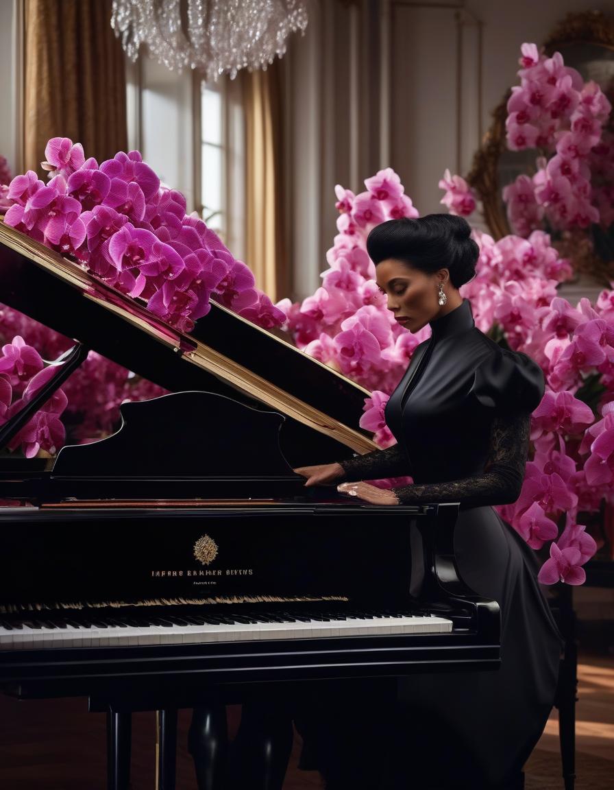  A Victorian beauty in mourning, dressed in black, plays on the white and black keys of a white grand piano, slightly off focus, with a bouquet of pink auranus orchids from the 1870s on the table. hyperrealistic, full body, detailed clothing, highly detailed, cinematic lighting, stunningly beautiful, intricate, sharp focus, f/1. 8, 85mm, (centered image composition), (professionally color graded), ((bright soft diffused light)), volumetric fog, trending on instagram, trending on tumblr, HDR 4K, 8K