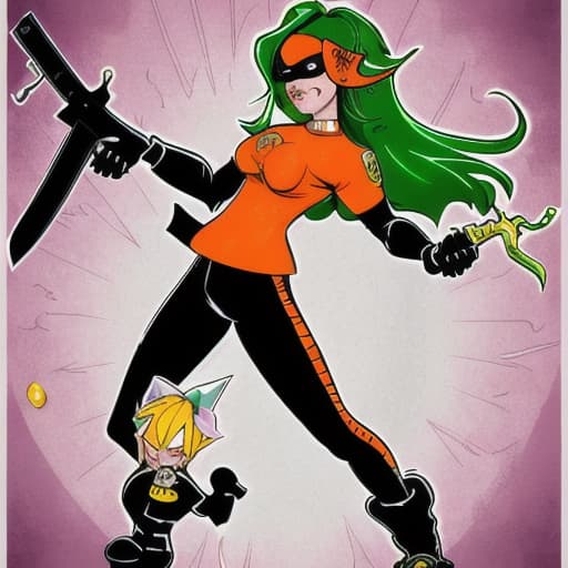  Henchmen: Roxy (Name: unknown) Birth place: (unknown) Age: Unknown Female Race: Mixed Member of The Order Physical characteristics: 5’9 210 Black star tattoo engulfing her left eye very hippy in the hips wear orange clothes hair long & wavy Powers: body creates it’s own toxics Weapons: high fructose pies, knifes, Knife expert,master of poisons, AR-14 blaster she needs to be holding a pie