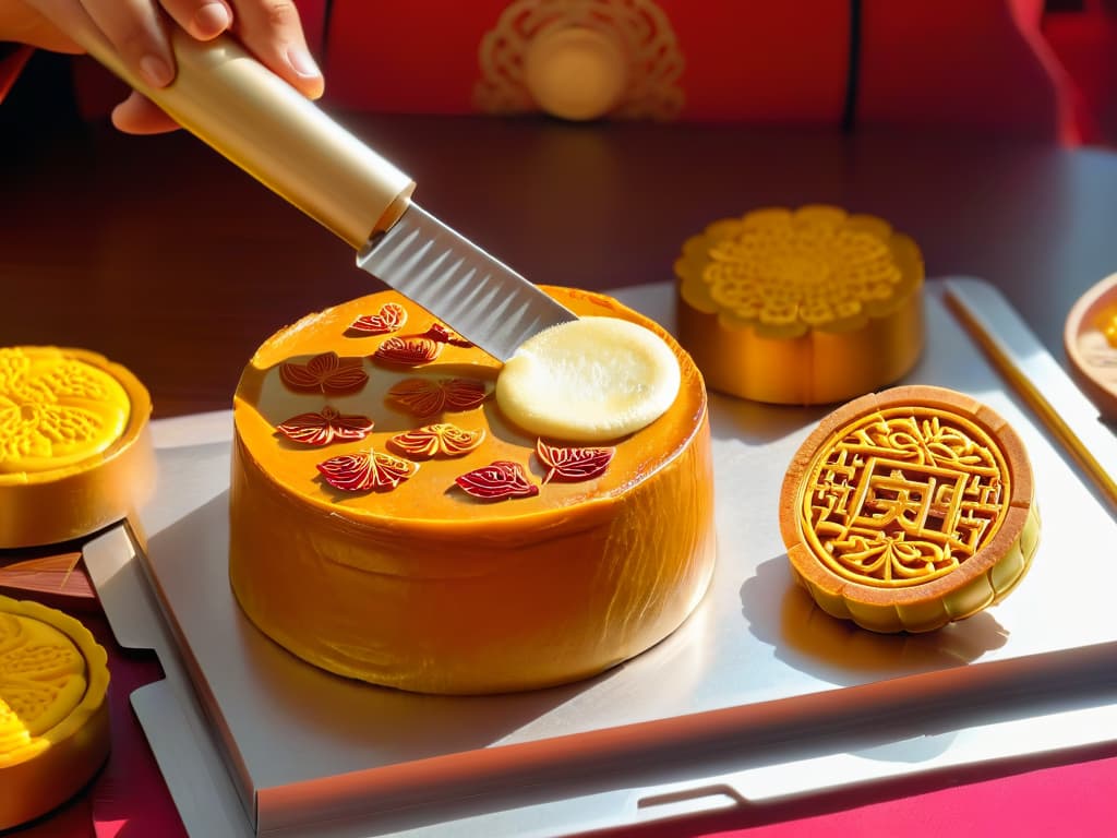  A photorealistic image of a skilled chef in a traditional Chinese kitchen, meticulously crafting intricate designs on freshly baked mooncakes. The chef's hands move gracefully as they use delicate tools to imprint intricate patterns on the goldenbrown surface of the mooncakes, surrounded by an array of vibrant ingredients like lotus seed paste and salted egg yolks. Sunlight gently filters through a nearby window, casting a warm glow on the scene, highlighting the chef's focused expression and the rich textures of the ingredients. The image conveys a sense of timehonored tradition, precision, and artistry in the preparation of these beloved Chinese delicacies. hyperrealistic, full body, detailed clothing, highly detailed, cinematic lighting, stunningly beautiful, intricate, sharp focus, f/1. 8, 85mm, (centered image composition), (professionally color graded), ((bright soft diffused light)), volumetric fog, trending on instagram, trending on tumblr, HDR 4K, 8K