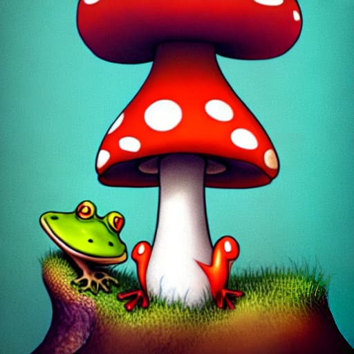  A frog with a mushroom on his head is under a mushroom.