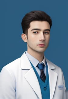  Masterpiece, best quality, blue background, white coat, doctor ID photo