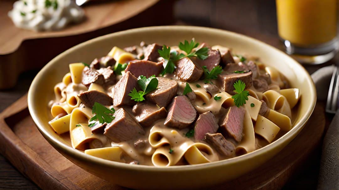  Capture an enticing image of a hearty and comforting no mushroom beef stroganoff dish, showcasing the creamy sauce and tender beef, with a visually appealing presentation that conveys the deliciousness of the recipe. hyperrealistic, full body, detailed clothing, highly detailed, cinematic lighting, stunningly beautiful, intricate, sharp focus, f/1. 8, 85mm, (centered image composition), (professionally color graded), ((bright soft diffused light)), volumetric fog, trending on instagram, trending on tumblr, HDR 4K, 8K