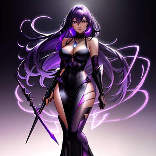  Create an image of an anime character, standing against a background of a magical world with the edges darkening. The has long, wind swept hair. Her outfit consists of a black sleeveless top and a , paired with leather celets and a necklace. A soft glow of neon light in a pinkish purple hue envelops her figure, creating a mystical aura and adding a sense of mystery and power. Prioritize purplish and bluish tones., (intricate details:0.9), (hdr, hyperdetailed:1.2) hyperrealistic, full body, detailed clothing, highly detailed, cinematic lighting, stunningly beautiful, intricate, sharp focus, f/1. 8, 85mm, (centered image composition), (professionally color graded), ((bright soft diffused light)), volumetric fog, trending on instagram, trending on tumblr, HDR 4K, 8K