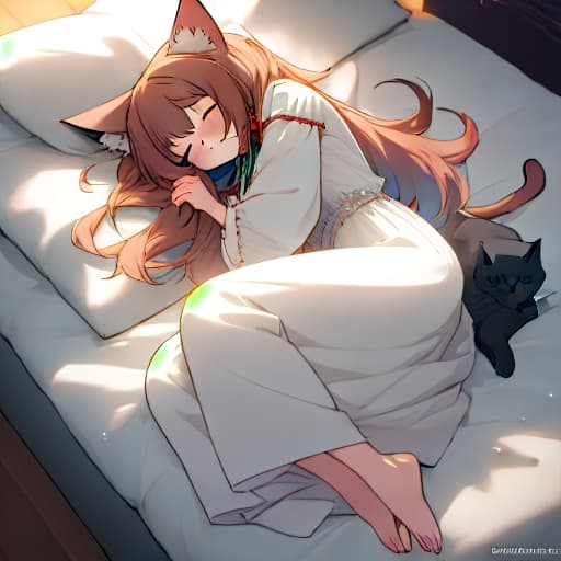  (anime girls,, sleeping,,cat ears), anime, highly detailed, 4k, high quality, trending on art station hyperrealistic, full body, detailed clothing, highly detailed, cinematic lighting, stunningly beautiful, intricate, sharp focus, f/1. 8, 85mm, (centered image composition), (professionally color graded), ((bright soft diffused light)), volumetric fog, trending on instagram, trending on tumblr, HDR 4K, 8K