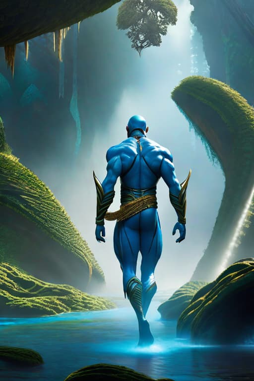  Create a high resolution, dynamic wallpaper featuring a male blue skinned alien from the movie "Avatar". The scene should be vibrant and immersive, set in the lush, bioluminescent environment of Pandora. The male alien should appear majestic and powerful, with detailed features such as large, expressive eyes, intricate skin patterns, and elongated limbs. He should be depicted in a dynamic pose that showcases his strength and connection to his natural surroundings. The overall atmosphere should be otherworldly and awe inspiring, capturing the essence of the "Avatar" universe. hyperrealistic, full body, detailed clothing, highly detailed, cinematic lighting, stunningly beautiful, intricate, sharp focus, f/1. 8, 85mm, (centered image composition), (professionally color graded), ((bright soft diffused light)), volumetric fog, trending on instagram, trending on tumblr, HDR 4K, 8K