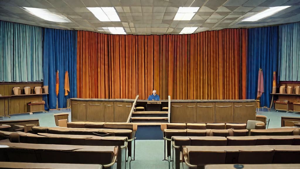  The Chernobyl trial took place roughly a year after the disaster, in the town of Chernobyl, approximately 9 kilometers from the power plant. It lasted only two weeks. For the proceedings, a community center was transformed into a courtroom. A curtain was placed to cover the depth of the stage, leaving only a narrow space on the proscenium to accommodate the three judges' seats and a small table for the stenographer (court reporter) next to them. The first rows in the audience section were removed to make space for the accused seating, defense and prosecution tables, witness stand, and security. The remaining seats were left for a small group of spectators and a limited number of journalists.