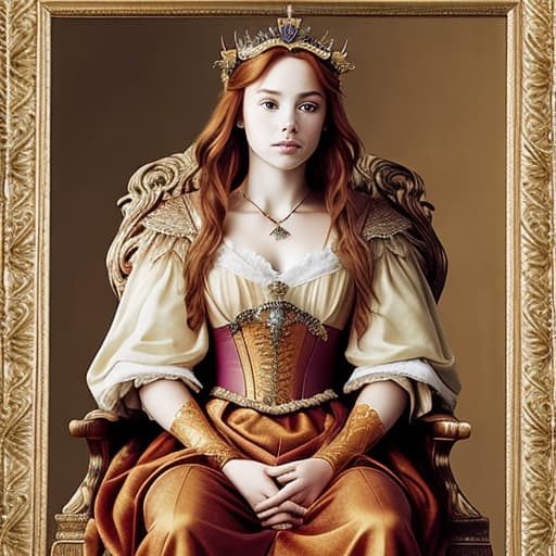  Portrait of a beautiful auburn - haired woman with a guilded crown sitting on a throne with heightened detail