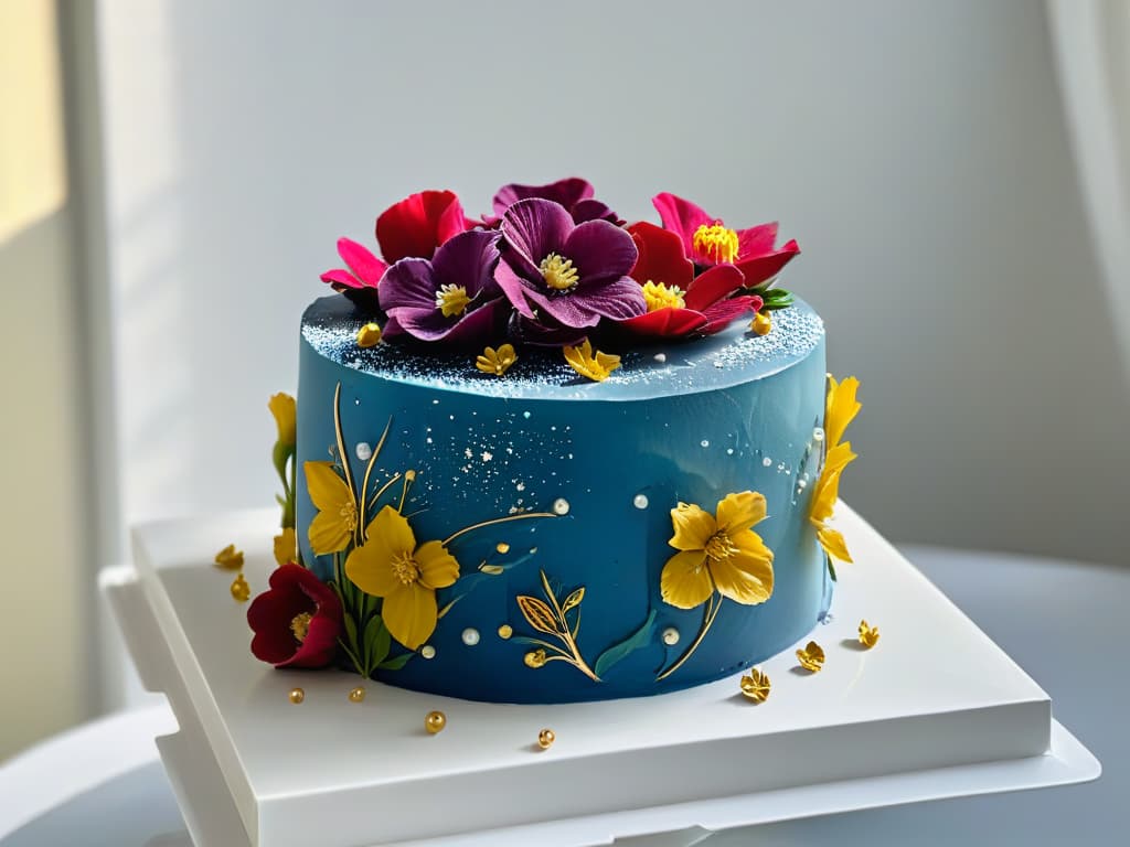  A closeup, ultradetailed image of a delicate, intricately designed cake, showcasing layers of moist sponge filled with rich, velvety ganache, adorned with edible flowers and shimmering gold leaf accents. The cake sits on a sleek, modern platter against a backdrop of soft, diffused natural light, highlighting every meticulous detail from the intricate piping work to the glistening glaze. hyperrealistic, full body, detailed clothing, highly detailed, cinematic lighting, stunningly beautiful, intricate, sharp focus, f/1. 8, 85mm, (centered image composition), (professionally color graded), ((bright soft diffused light)), volumetric fog, trending on instagram, trending on tumblr, HDR 4K, 8K