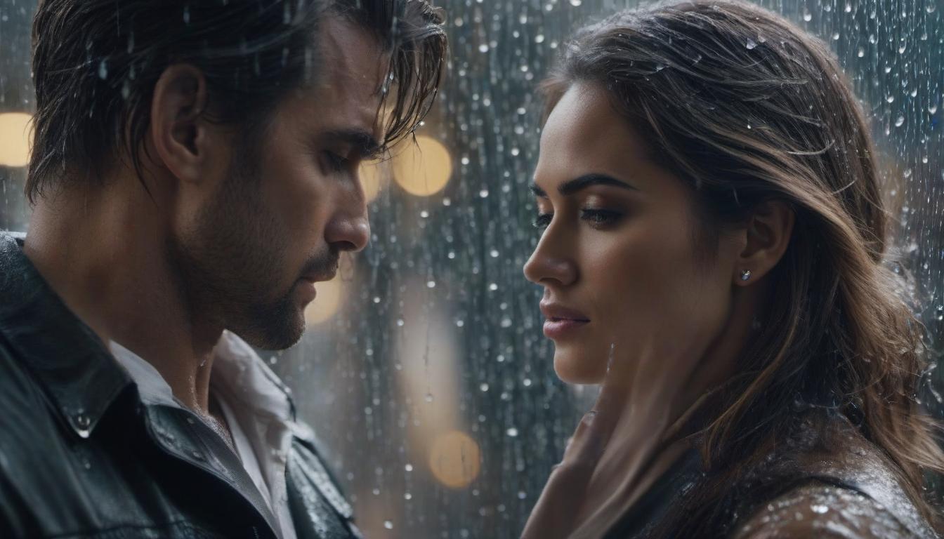  A man is stroking a girl's face against the backdrop of smudged glass with raindrops on it. hyperrealistic, full body, detailed clothing, highly detailed, cinematic lighting, stunningly beautiful, intricate, sharp focus, f/1. 8, 85mm, (centered image composition), (professionally color graded), ((bright soft diffused light)), volumetric fog, trending on instagram, trending on tumblr, HDR 4K, 8K