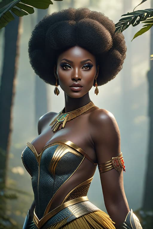  best quality, masterpiece, highres, photorealistic, high quality, volumetric lighting, candid, Photograph, high resolution, nightime, a cameroon women with skin details, fiery african black afro hair, light Aureolin eyes, fantasy, harmonious, determined, foggy old forest, dress like a super heros, beautiful with eyes liner m hyperrealistic, full body, detailed clothing, highly detailed, cinematic lighting, stunningly beautiful, intricate, sharp focus, f/1. 8, 85mm, (centered image composition), (professionally color graded), ((bright soft diffused light)), volumetric fog, trending on instagram, trending on tumblr, HDR 4K, 8K