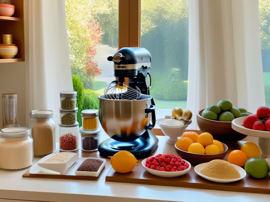  A photorealistic image of a serene, sunlit kitchen filled with an array of colorful baking ingredients neatly organized on marble countertops. A large, vintageinspired stand mixer sits prominently in the center, surrounded by bowls of fresh fruits, jars of spices, and a stack of recipe books. Soft natural light filters through sheer curtains, casting a warm glow over the scene, inviting the viewer to imagine themselves stepping into this inviting space to unleash their inner pastry chef. hyperrealistic, full body, detailed clothing, highly detailed, cinematic lighting, stunningly beautiful, intricate, sharp focus, f/1. 8, 85mm, (centered image composition), (professionally color graded), ((bright soft diffused light)), volumetric fog, trending on instagram, trending on tumblr, HDR 4K, 8K