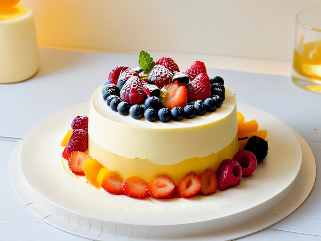  A highresolution, ultradetailed image of a beautifully plated bavarois saludables dessert, featuring layers of light and fluffy mousse, vibrant fresh fruit garnish, and a delicate drizzle of honey on top. The dessert is elegantly presented on a white ceramic plate, set against a soft pastel backdrop to enhance its visual appeal. The focus is on the intricate details of the dessert, showcasing the craftsmanship and artistry involved in creating this light and refined French delicacy. hyperrealistic, full body, detailed clothing, highly detailed, cinematic lighting, stunningly beautiful, intricate, sharp focus, f/1. 8, 85mm, (centered image composition), (professionally color graded), ((bright soft diffused light)), volumetric fog, trending on instagram, trending on tumblr, HDR 4K, 8K