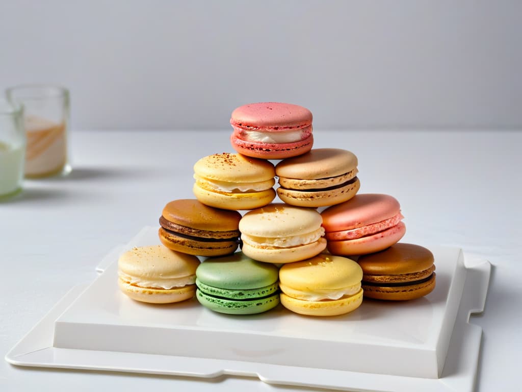  A stunning, minimalist image of a perfectly imperfect stack of colorful macarons, each one delicately textured and unique, sitting on a simple, elegant plate against a soft, neutral background. The macarons are artfully arranged in a way that highlights their individuality and imperfections, showcasing the beauty of handmade, conscious baking. The image captures the essence of mindful pastry creation and the art of turning simple ingredients into exquisite treats, embodying the principles of sustainable, thoughtful cooking. hyperrealistic, full body, detailed clothing, highly detailed, cinematic lighting, stunningly beautiful, intricate, sharp focus, f/1. 8, 85mm, (centered image composition), (professionally color graded), ((bright soft diffused light)), volumetric fog, trending on instagram, trending on tumblr, HDR 4K, 8K