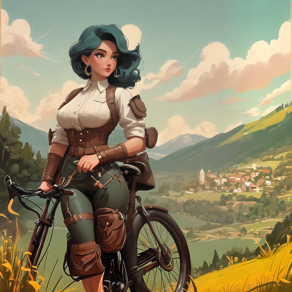  A vintage poster style painting featuring a retro bicycle against a countryside background. Retro colors, stylized graphics, and bold typography. Background with rolling hills and a quaint village. digital painting, muted retro colors, bold outlines, vintage typography, detailed textures, stylized graphics, nostalgic feel, dynamic composition, aged paper texture  hyperrealistic, full body, detailed clothing, highly detailed, cinematic lighting, stunningly beautiful, intricate, sharp focus, f/1. 8, 85mm, (centered image composition), (professionally color graded), ((bright soft diffused light)), volumetric fog, trending on instagram, trending on tumblr, HDR 4K, 8K