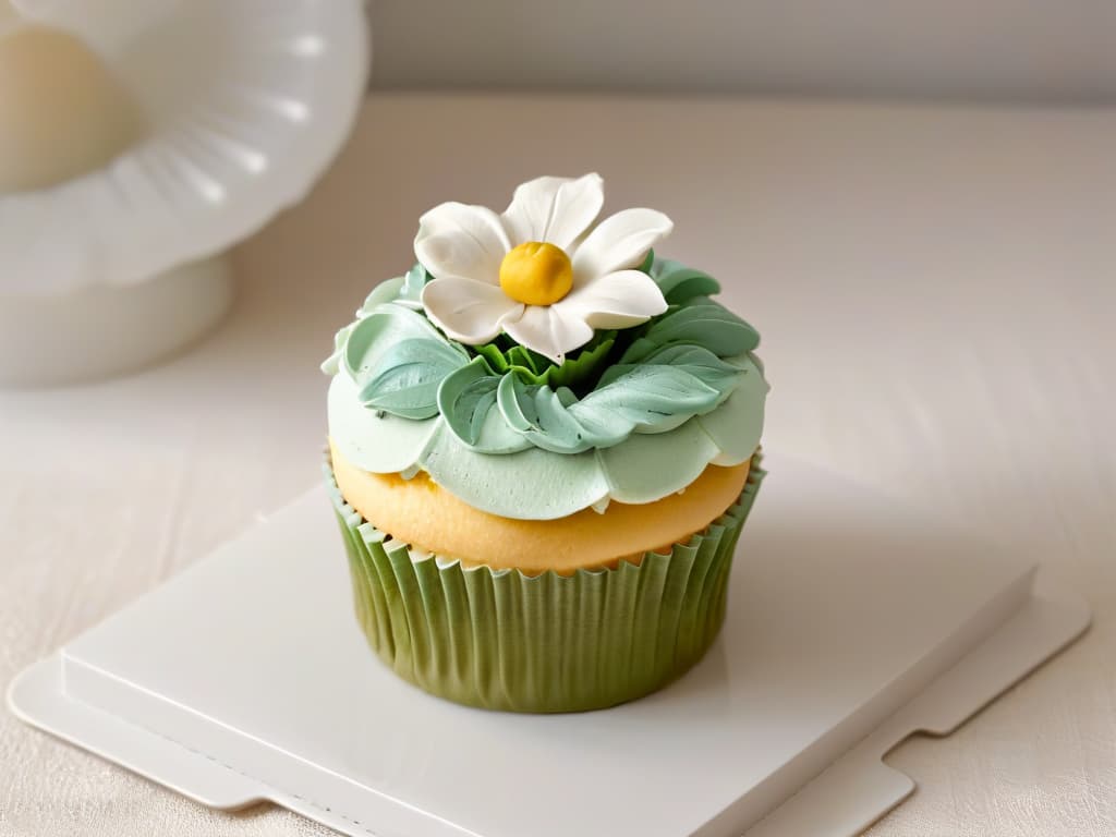  A closeup, ultradetailed photograph of a delicate hand piping intricate floral designs onto a pastelcolored cupcake. The focus is on the precision of the piping work, showcasing the skilled technique and artistry involved in cupcake decoration. The image captures the fine details of the petals and leaves, highlighting the professional touch and inspiring creativity for decorating cupcakes in a workshop setting. hyperrealistic, full body, detailed clothing, highly detailed, cinematic lighting, stunningly beautiful, intricate, sharp focus, f/1. 8, 85mm, (centered image composition), (professionally color graded), ((bright soft diffused light)), volumetric fog, trending on instagram, trending on tumblr, HDR 4K, 8K