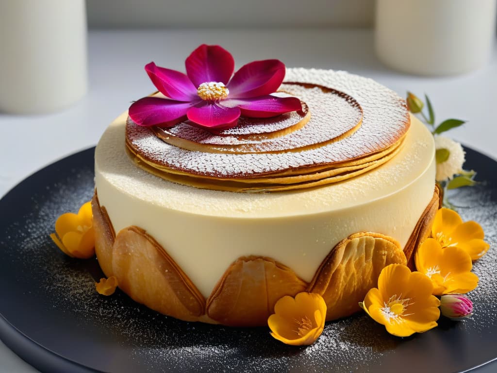  A closeup, ultradetailed image of a delicate, intricate pastry fusion creation, featuring layers of flaky croissant dough intertwined with traditional Japanese matchainfused cream, garnished with edible gold flakes and vibrant edible flowers. The pastry rests on a sleek, matte black plate, against a soft, diffused light background, emphasizing the luxurious and minimalist aesthetic of the dessert. hyperrealistic, full body, detailed clothing, highly detailed, cinematic lighting, stunningly beautiful, intricate, sharp focus, f/1. 8, 85mm, (centered image composition), (professionally color graded), ((bright soft diffused light)), volumetric fog, trending on instagram, trending on tumblr, HDR 4K, 8K