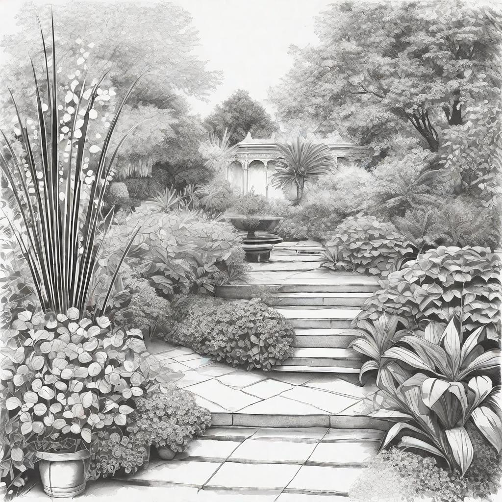  art painting in this style: line art, shading, black and white drawing, that depicts: watering the plants of the garden
