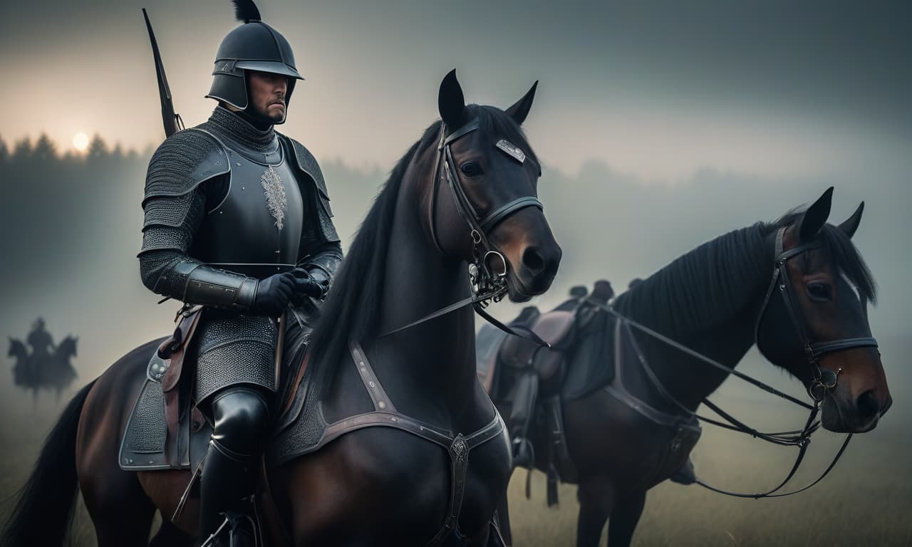  A cavalry in black armors stands in the field, looking to the left, realism. hyperrealistic, full body, detailed clothing, highly detailed, cinematic lighting, stunningly beautiful, intricate, sharp focus, f/1. 8, 85mm, (centered image composition), (professionally color graded), ((bright soft diffused light)), volumetric fog, trending on instagram, trending on tumblr, HDR 4K, 8K