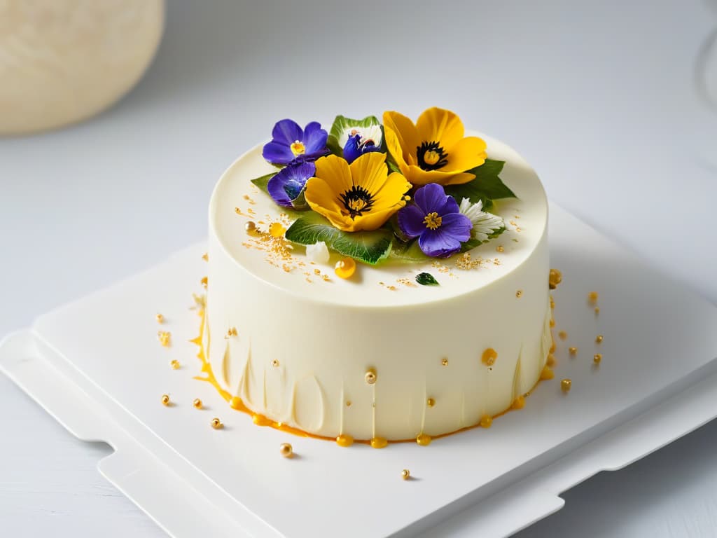  A closeup, ultradetailed image of a delicate and intricate pastry being meticulously decorated with vibrant edible flowers and gold leaf on a sleek, minimalist white plate. The focus is on the precision and artistry of the pastry chef's hands as they carefully place each element, showcasing the beauty and sophistication of advanced pastry techniques in a sustainable and ecofriendly context. hyperrealistic, full body, detailed clothing, highly detailed, cinematic lighting, stunningly beautiful, intricate, sharp focus, f/1. 8, 85mm, (centered image composition), (professionally color graded), ((bright soft diffused light)), volumetric fog, trending on instagram, trending on tumblr, HDR 4K, 8K