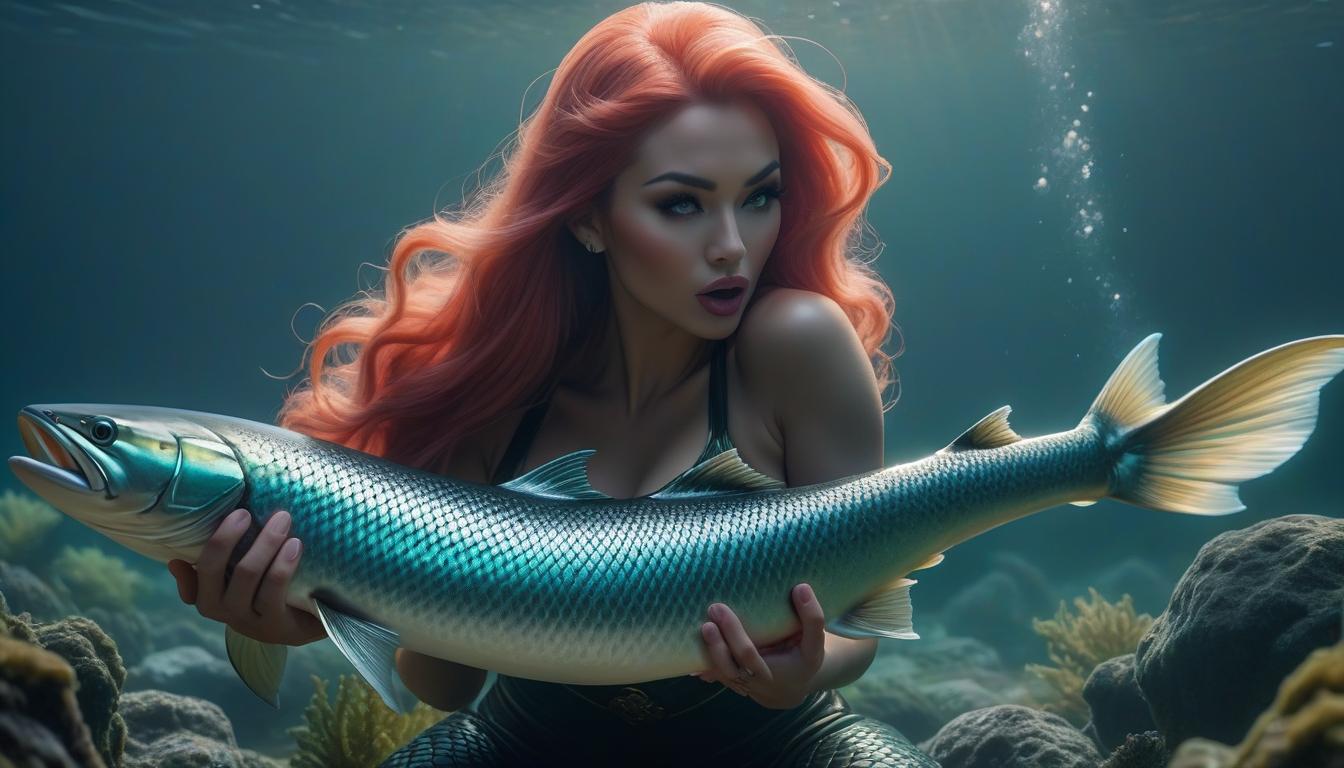  Mermaid licks salmon hyperrealistic, full body, detailed clothing, highly detailed, cinematic lighting, stunningly beautiful, intricate, sharp focus, f/1. 8, 85mm, (centered image composition), (professionally color graded), ((bright soft diffused light)), volumetric fog, trending on instagram, trending on tumblr, HDR 4K, 8K