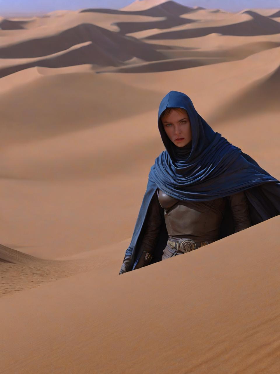  (((Dune movie))), ((((desert in background)))), ((((in hood)))), (((blue eyes))), ((Dune by Frank Herbert)), ((Epic Dune saga)), breathtaking Arrakis landscapes, immense sand dunes under a scorching sun, (majestic sandworms emerging from the desert), [advanced ornithopters in flight], [[House Atreides insignia]], [Fremen in traditional stillsuits], (mystical Bene Gesserit ensembles), (intricate Harkonnen machinery), Spice Melange visions, (otherworldly sunsets on Arrakis), (high definition desert textures), 4K cinematic quality, 8K ultra resolution detail, dynamic lighting effects, atmospheric dust and sand particles, deep shadows and stark contrasts, vibrant color grading, (detailed costume designs), (futuristic architecture and technology
