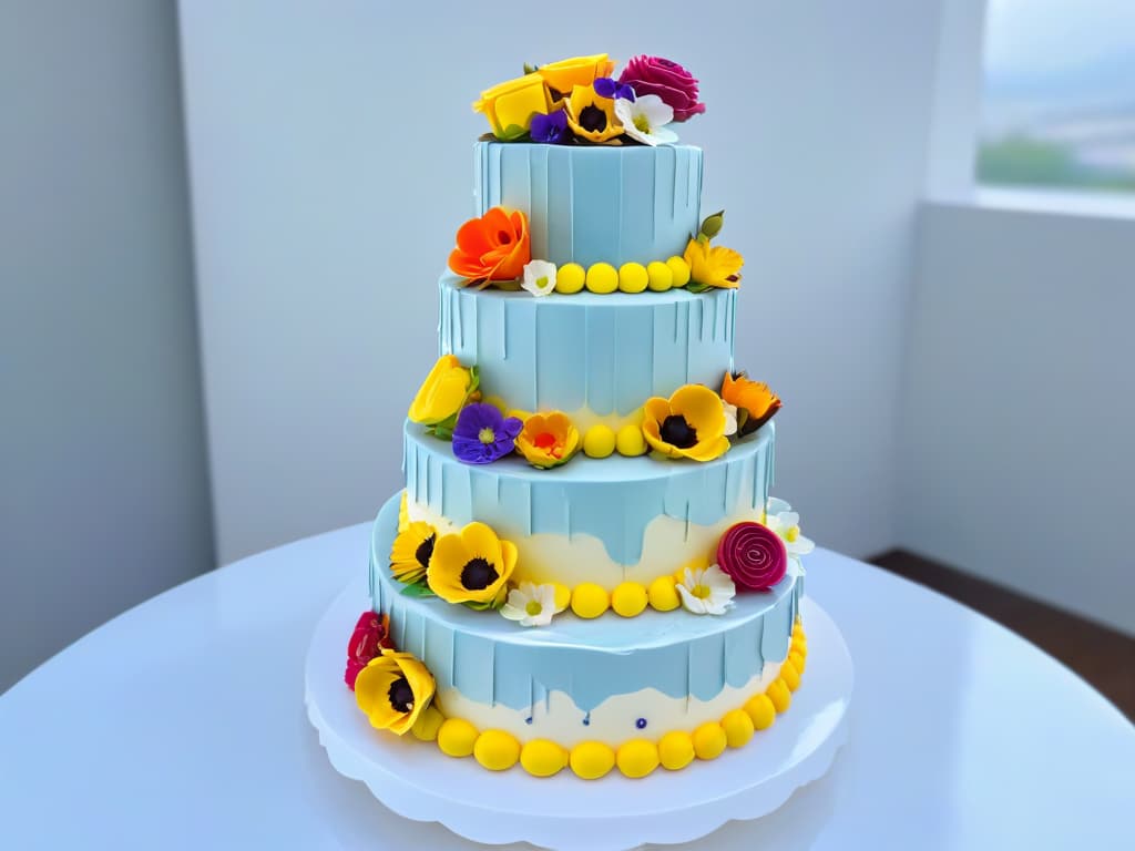  A photorealistic image of a beautifully decorated tiered cake covered in intricate fondant designs, vibrant edible flowers, and delicate piping details, sitting on a pristine white cake stand. The cake is surrounded by an array of pastelcolored macarons, shimmering cake pops, and elegantly decorated cupcakes, all displayed on a marble countertop with soft natural light streaming in from a nearby window, creating a captivating and visually stunning scene that perfectly embodies the success of thematic bakery products. hyperrealistic, full body, detailed clothing, highly detailed, cinematic lighting, stunningly beautiful, intricate, sharp focus, f/1. 8, 85mm, (centered image composition), (professionally color graded), ((bright soft diffused light)), volumetric fog, trending on instagram, trending on tumblr, HDR 4K, 8K