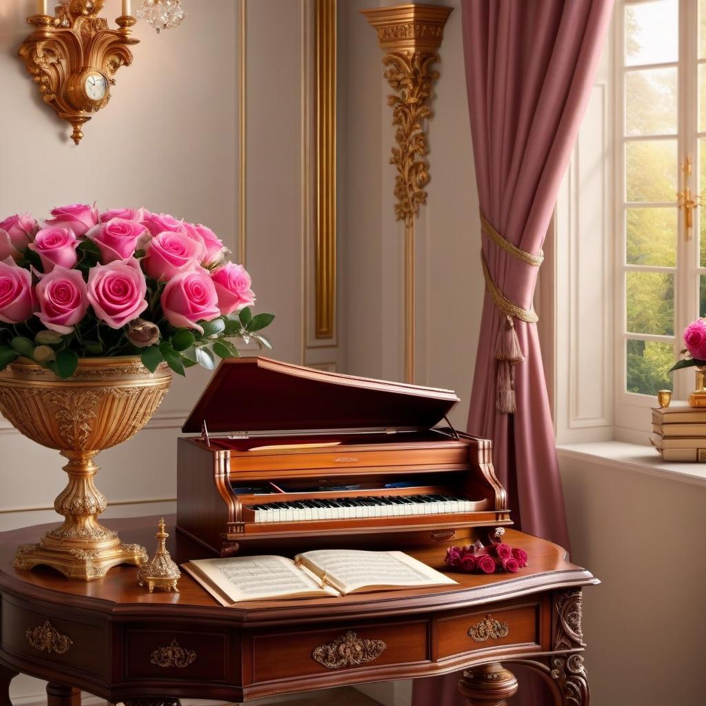  ethereal fantasy concept art of (Interior) An antique, elegant secretaire. On it are music sheets, a bouquet of pink and maroon roses, an antique violin and a bow. (Violin design): light beige in colour, inlaid with gold twisted patterns. The bow is silver with a golden cast. Style:fantasy, watercolour genre, violin maker Amati. . magnificent, celestial, ethereal, painterly, epic, majestic, magical, fantasy art, cover art, dreamy, hkmagic hyperrealistic, full body, detailed clothing, highly detailed, cinematic lighting, stunningly beautiful, intricate, sharp focus, f/1. 8, 85mm, (centered image composition), (professionally color graded), ((bright soft diffused light)), volumetric fog, trending on instagram, trending on tumblr, HDR 4K, 8K