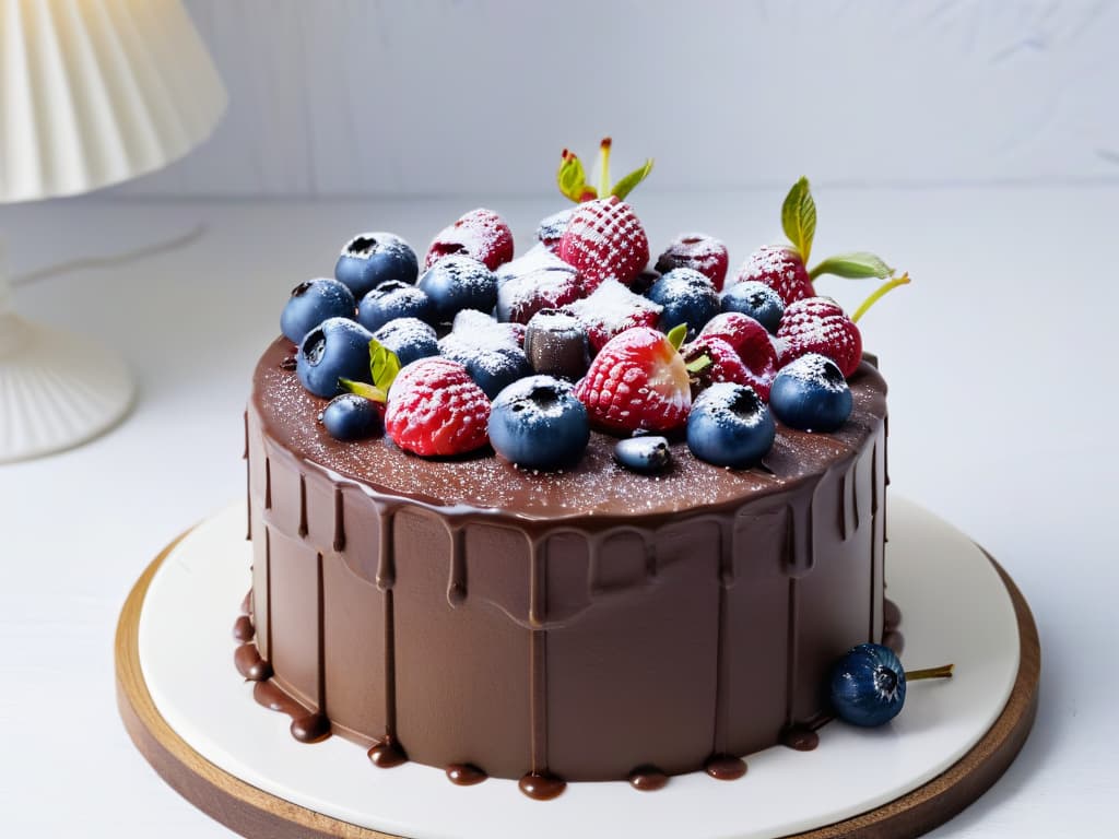  A closeup, ultradetailed image of a decadent vegan chocolate cake with glossy ganache dripping down the sides, topped with fresh berries and edible flowers. The cake sits on a modern, marblepatterned cake stand, with soft natural light highlighting its rich textures and vibrant colors. hyperrealistic, full body, detailed clothing, highly detailed, cinematic lighting, stunningly beautiful, intricate, sharp focus, f/1. 8, 85mm, (centered image composition), (professionally color graded), ((bright soft diffused light)), volumetric fog, trending on instagram, trending on tumblr, HDR 4K, 8K