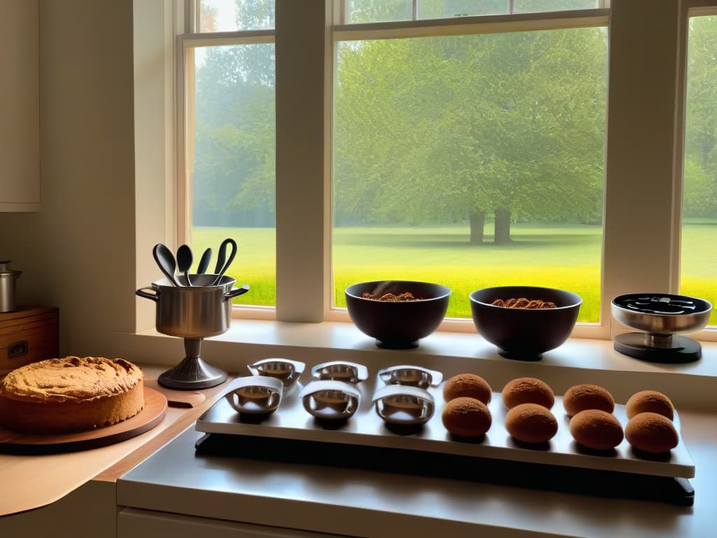  A beautifully detailed photorealistic image of a modern, sleek kitchen filled with traditional baking tools like wooden rolling pins, vintage measuring cups, and antique cake stands. The scene captures a mix of old and new elements, showcasing a chef skillfully blending classic recipes with a contemporary approach. The sunlight streams in through a large window, illuminating the stainless steel countertops and highlighting the intricate details of the baking equipment. hyperrealistic, full body, detailed clothing, highly detailed, cinematic lighting, stunningly beautiful, intricate, sharp focus, f/1. 8, 85mm, (centered image composition), (professionally color graded), ((bright soft diffused light)), volumetric fog, trending on instagram, trending on tumblr, HDR 4K, 8K