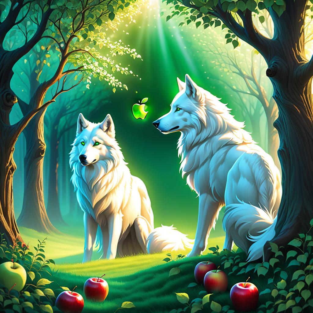  ethereal fantasy concept art of (Background): an apple orchard. He did not immediately realise that there was no more snow under his paws, only soft grass. Leaves on the recently bare trees turned green, and it became clear that this was not a forest at all, but a marvellous apple orchard. A white wolf shifter with green eyes and a black nose in a marvellous apple orchard. Style:fantasy . magnificent, celestial, ethereal, painterly, epic, majestic, magical, fantasy art, cover art, dreamy hyperrealistic, full body, detailed clothing, highly detailed, cinematic lighting, stunningly beautiful, intricate, sharp focus, f/1. 8, 85mm, (centered image composition), (professionally color graded), ((bright soft diffused light)), volumetric fog, trending on instagram, trending on tumblr, HDR 4K, 8K