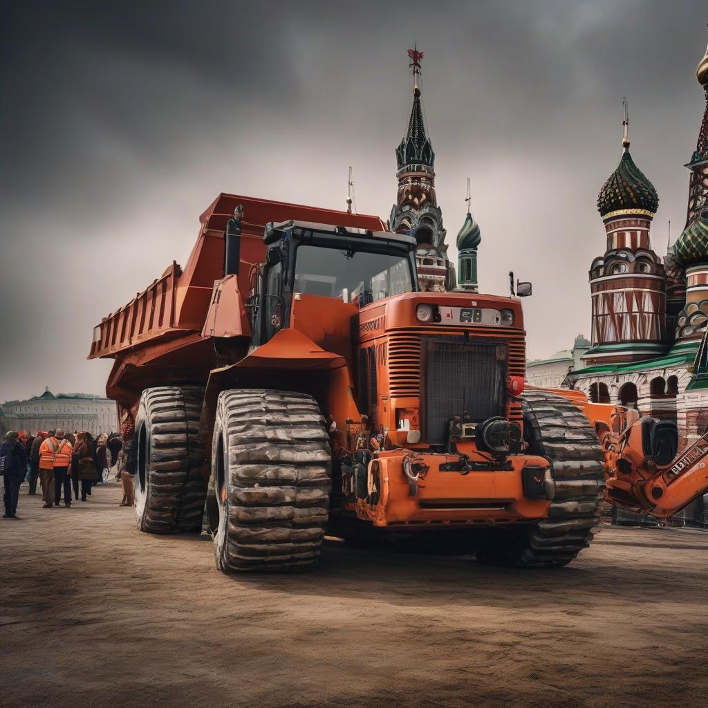  construction equipment at an exhibition in the city center on Red Square in Moscow hyperrealistic, full body, detailed clothing, highly detailed, cinematic lighting, stunningly beautiful, intricate, sharp focus, f/1. 8, 85mm, (centered image composition), (professionally color graded), ((bright soft diffused light)), volumetric fog, trending on instagram, trending on tumblr, HDR 4K, 8K