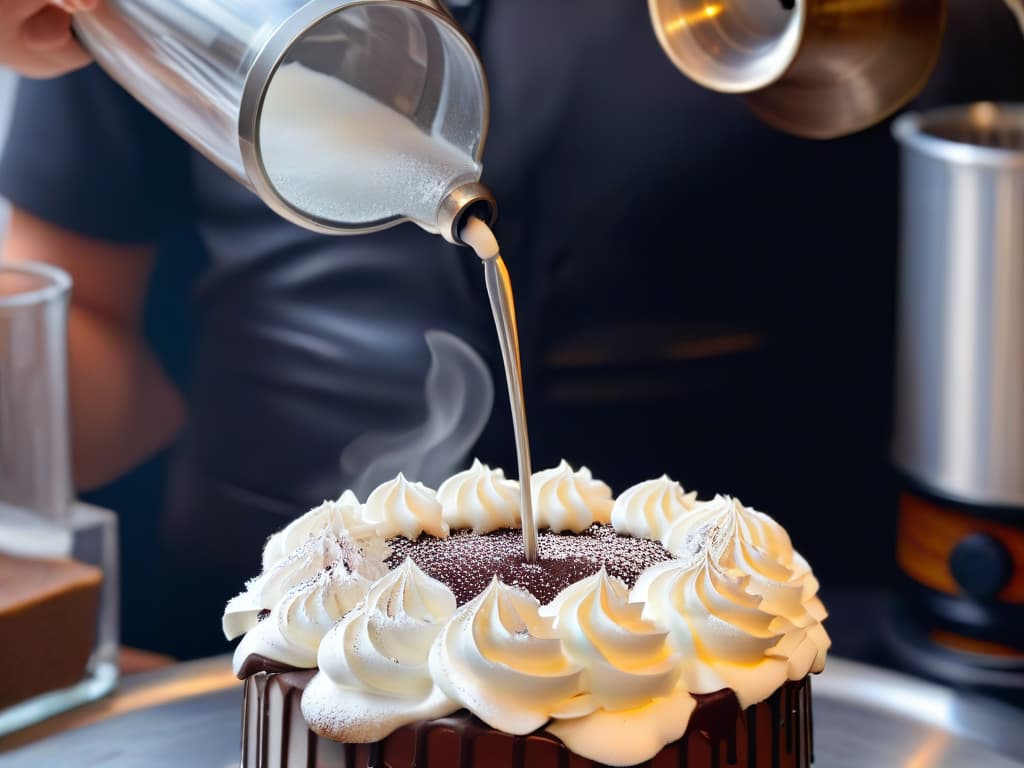  A closeup, photorealistic image of a sleek stainless steel siphon device filled with a fluffy, lightasair foam of sweet, decadent chocolate. The foam cascades gently over the edge of the siphon, capturing the intricate details of the device's nozzle and pressure gauge. Soft ambient lighting highlights the rich, glossy texture of the foam, enticing the viewer with its tempting allure. hyperrealistic, full body, detailed clothing, highly detailed, cinematic lighting, stunningly beautiful, intricate, sharp focus, f/1. 8, 85mm, (centered image composition), (professionally color graded), ((bright soft diffused light)), volumetric fog, trending on instagram, trending on tumblr, HDR 4K, 8K