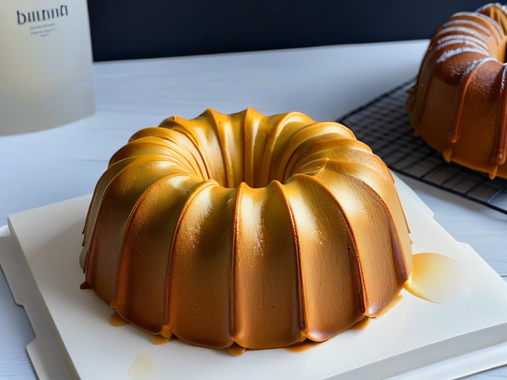  A closeup, ultradetailed image of a freshly baked, perfectly golden Bundt cake being released from a sleek, modern silicone mold. The cake's intricate design is immaculately captured, showcasing every fine detail of the mold's pattern. The soft light emphasizes the contrast between the matte silicone surface and the glossy cake, highlighting the benefits of using silicone molds for intricate designs. hyperrealistic, full body, detailed clothing, highly detailed, cinematic lighting, stunningly beautiful, intricate, sharp focus, f/1. 8, 85mm, (centered image composition), (professionally color graded), ((bright soft diffused light)), volumetric fog, trending on instagram, trending on tumblr, HDR 4K, 8K