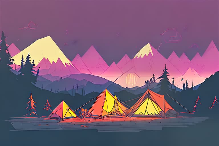 nvinkpunk Whimsical mountains with trees, and camping tent with campfire