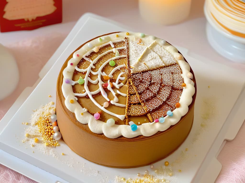  A closeup, ultradetailed image of a delicate, intricately decorated gingerbread cookie surrounded by vibrant sugar sprinkles, meticulously arranged on a pristine white plate. The cookie is adorned with colorful icing in elaborate patterns, showcasing tiny edible pearls and shimmering gold dust accents. The impeccable details of the cookie's decoration exude a sense of artful precision and festive cheer, making it a captivating visual representation of the joy and artistry found in global cookie traditions. hyperrealistic, full body, detailed clothing, highly detailed, cinematic lighting, stunningly beautiful, intricate, sharp focus, f/1. 8, 85mm, (centered image composition), (professionally color graded), ((bright soft diffused light)), volumetric fog, trending on instagram, trending on tumblr, HDR 4K, 8K