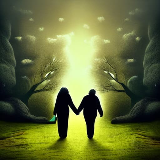naturitize Middle aged couple silhouette strolling hand-in-hand along a somewhat dark narrow path. At the bottom of the picture is fluffy white clouds with a layer of storm clouds in the middle of the page and fluffy white clouds at the top giving way to bright light shining down from heaven